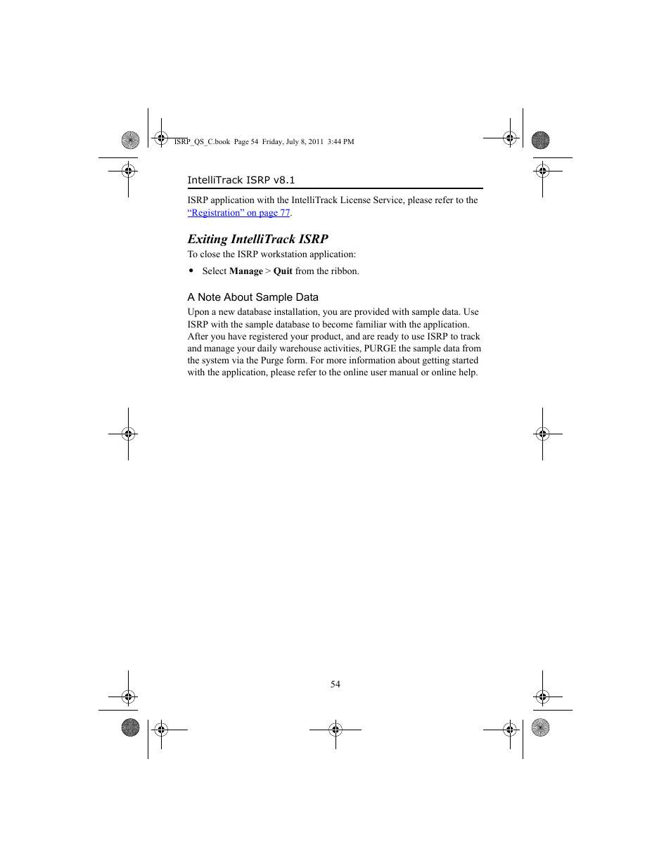 Exiting intellitrack isrp, A note about sample data | IntelliTrack Inventory Shipping Receiving Picking (ISRP) User Manual | Page 62 / 92