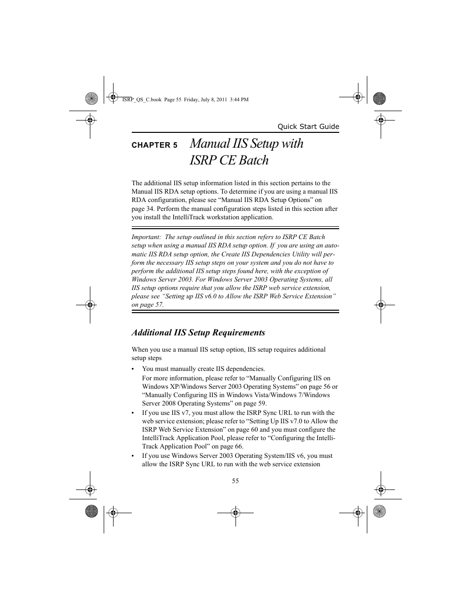 Chapter 5 manual iis setup with isrp ce batch, Additional iis setup requirements, Chapter 5 | Manual, Manual iis setup with isrp ce batch | IntelliTrack Inventory Shipping Receiving Picking (ISRP) User Manual | Page 63 / 92