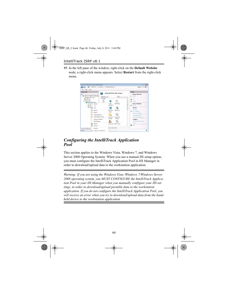 Configuring the intellitrack application pool, Configuring the intellitrack application pool 66 | IntelliTrack Inventory Shipping Receiving Picking (ISRP) User Manual | Page 74 / 92