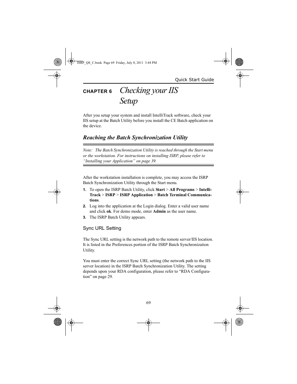 Chapter 6 checking your iis setup, Reaching the batch synchronization utility, Sync url setting | Chapter 6, Checki, Sync url setting 69, Checking your iis setup | IntelliTrack Inventory Shipping Receiving Picking (ISRP) User Manual | Page 77 / 92