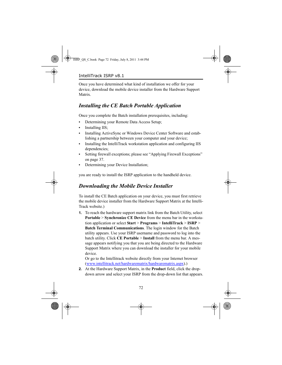 Installing the ce batch portable application, Downloading the mobile device installer, Downloading the mobile device installer 72 | IntelliTrack Inventory Shipping Receiving Picking (ISRP) User Manual | Page 80 / 92