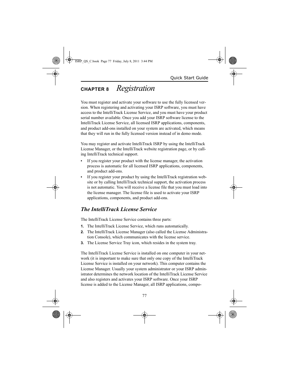 Chapter 8 registration, The intellitrack license service, Chapter 8 | Registration, The intellitrack license service 77 | IntelliTrack Inventory Shipping Receiving Picking (ISRP) User Manual | Page 85 / 92