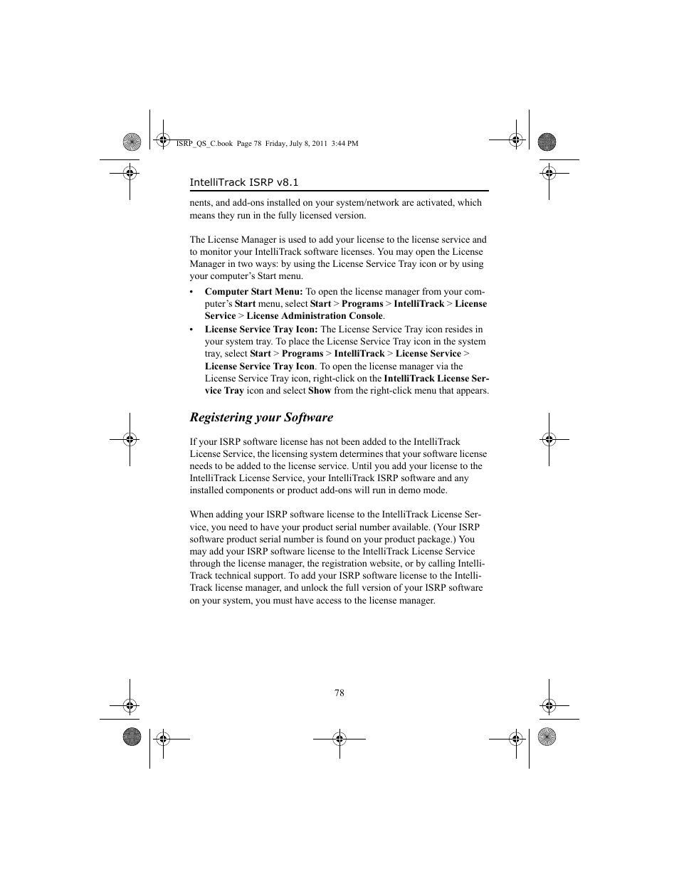 Registering your software, Registering your software 78 | IntelliTrack Inventory Shipping Receiving Picking (ISRP) User Manual | Page 86 / 92