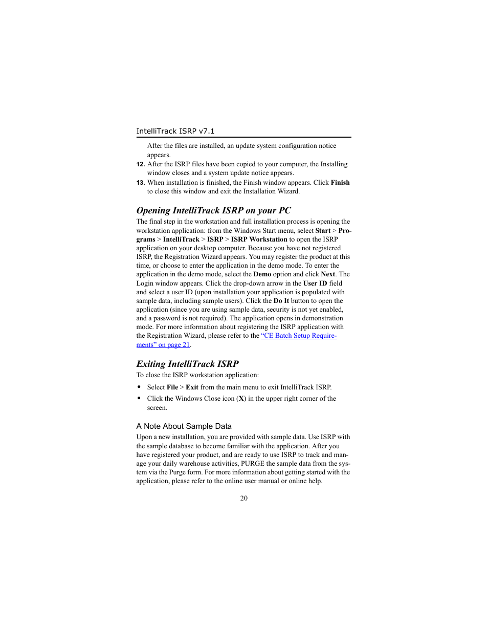 Opening intellitrack isrp on your pc, Exiting intellitrack isrp, A note about sample data | IntelliTrack Inventory Shipping Receiving Picking (ISRP) User Manual | Page 26 / 58