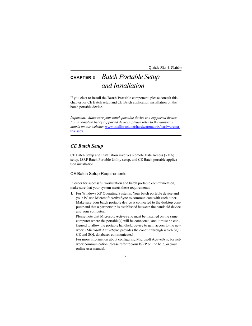 Chapter 3 batch portable setup and installation, Ce batch setup, Ce batch setup requirements | Chapter 3, Batch portable setup and, Options, please refer to, Batch portable setup and installation | IntelliTrack Inventory Shipping Receiving Picking (ISRP) User Manual | Page 27 / 58