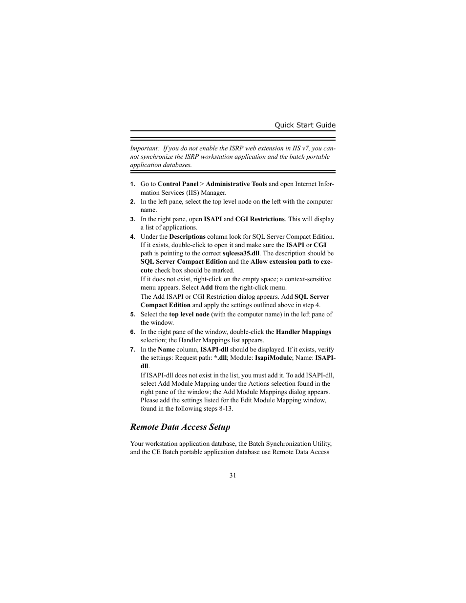 Remote data access setup, Remote data access setup 31 | IntelliTrack Inventory Shipping Receiving Picking (ISRP) User Manual | Page 37 / 58