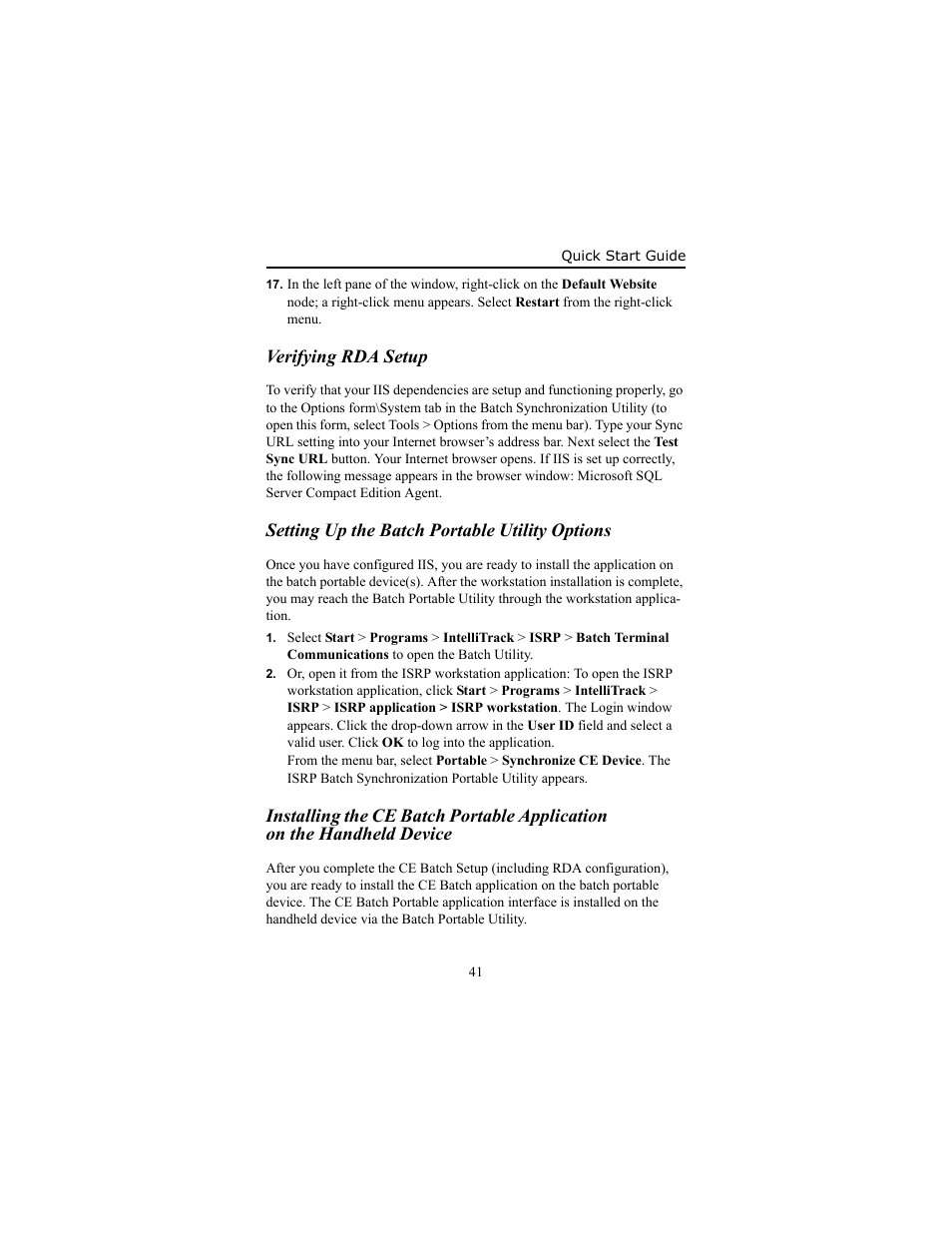 Verifying rda setup, Setting up the batch portable utility options, Verifying rda setup 41 | IntelliTrack Inventory Shipping Receiving Picking (ISRP) User Manual | Page 47 / 58