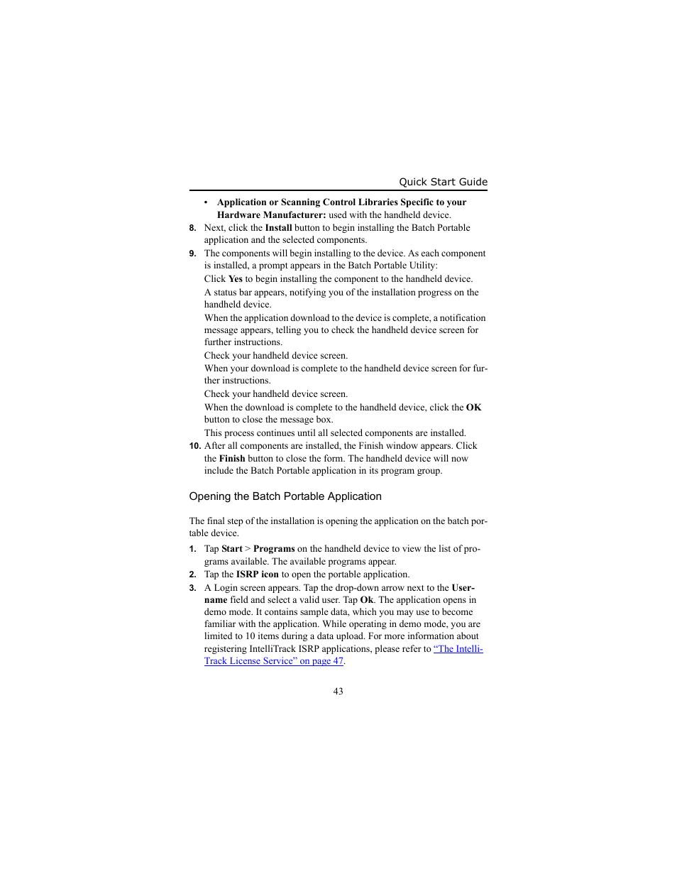 Opening the batch portable application | IntelliTrack Inventory Shipping Receiving Picking (ISRP) User Manual | Page 49 / 58