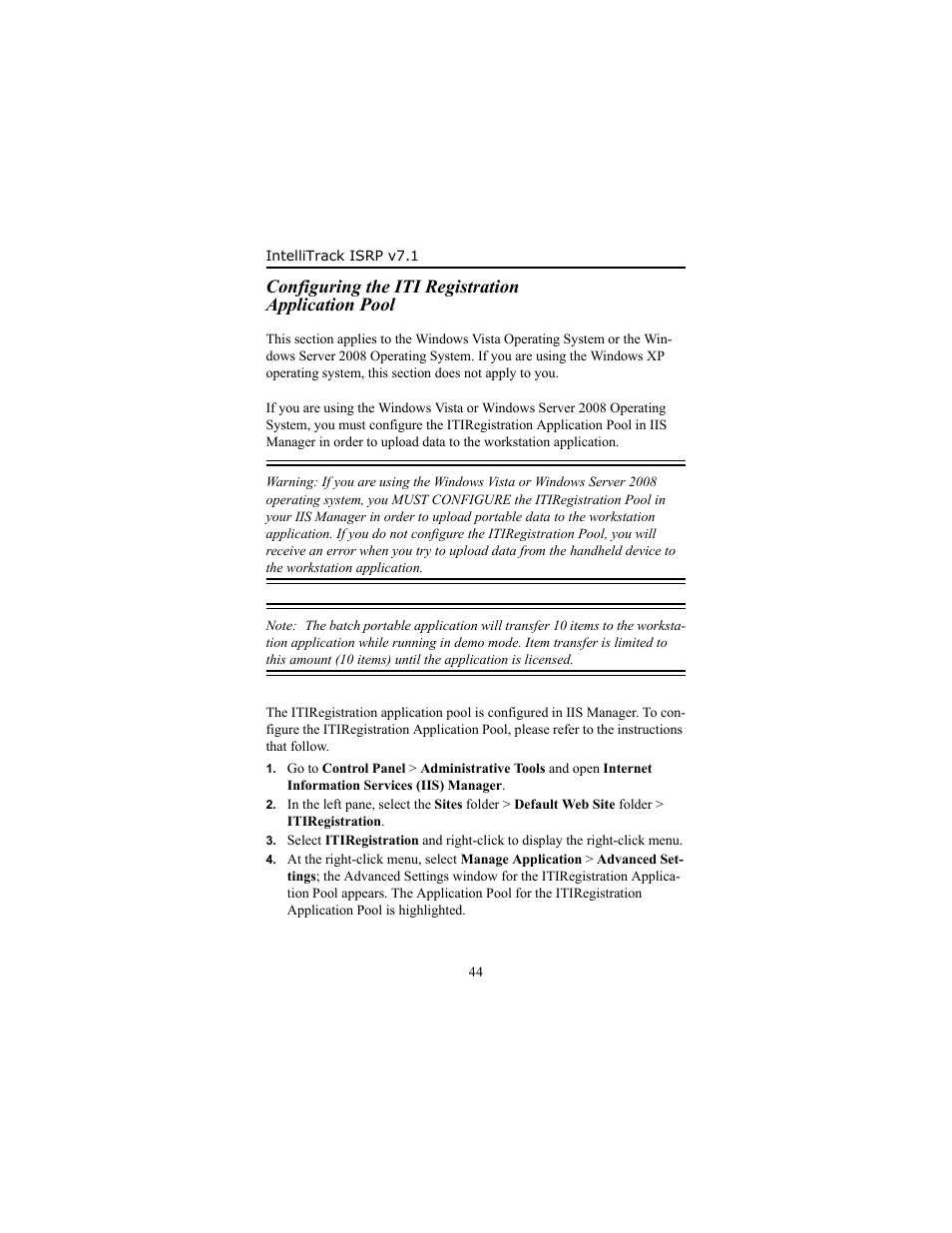Configuring the iti registration application pool | IntelliTrack Inventory Shipping Receiving Picking (ISRP) User Manual | Page 50 / 58