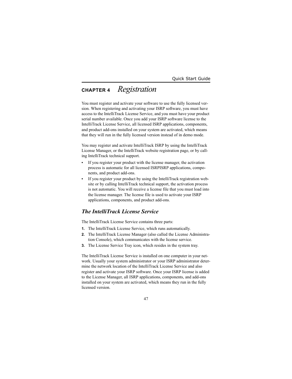 Chapter 4 registration, The intellitrack license service, Chapter 4 | Registration, The intellitrack license service 47, The intelli | IntelliTrack Inventory Shipping Receiving Picking (ISRP) User Manual | Page 53 / 58