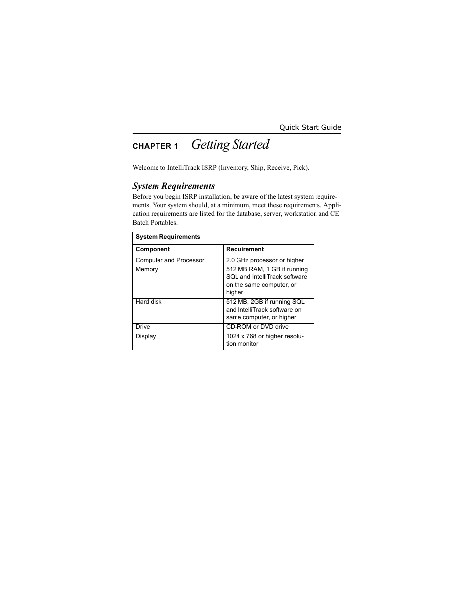 Chapter 1 getting started, System requirements, Chapter 1 | Getting s, System requirements 1, Getting started | IntelliTrack Inventory Shipping Receiving Picking (ISRP) User Manual | Page 7 / 58