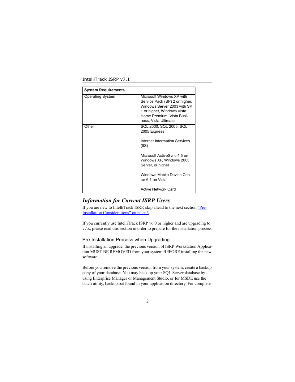 Information for current isrp users, Pre-installation process when upgrading | IntelliTrack Inventory Shipping Receiving Picking (ISRP) User Manual | Page 8 / 58