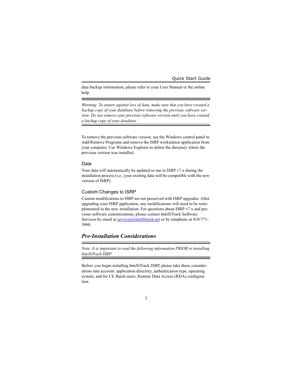 Data, Custom changes to isrp, Pre-installation considerations | Data 3 custom changes to isrp 3, Pre-installation considerations 3 | IntelliTrack Inventory Shipping Receiving Picking (ISRP) User Manual | Page 9 / 58
