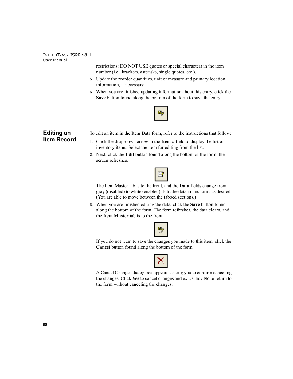 Editing an item record | IntelliTrack Inventory Shipping Receiving Picking (ISRP) User Manual | Page 126 / 398