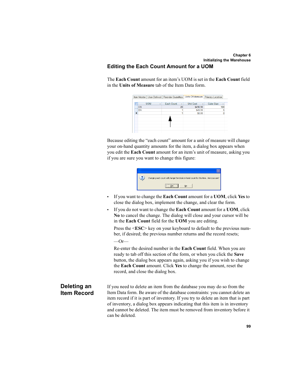 Deleting an item record, Editing the each count amount for a uom | IntelliTrack Inventory Shipping Receiving Picking (ISRP) User Manual | Page 127 / 398