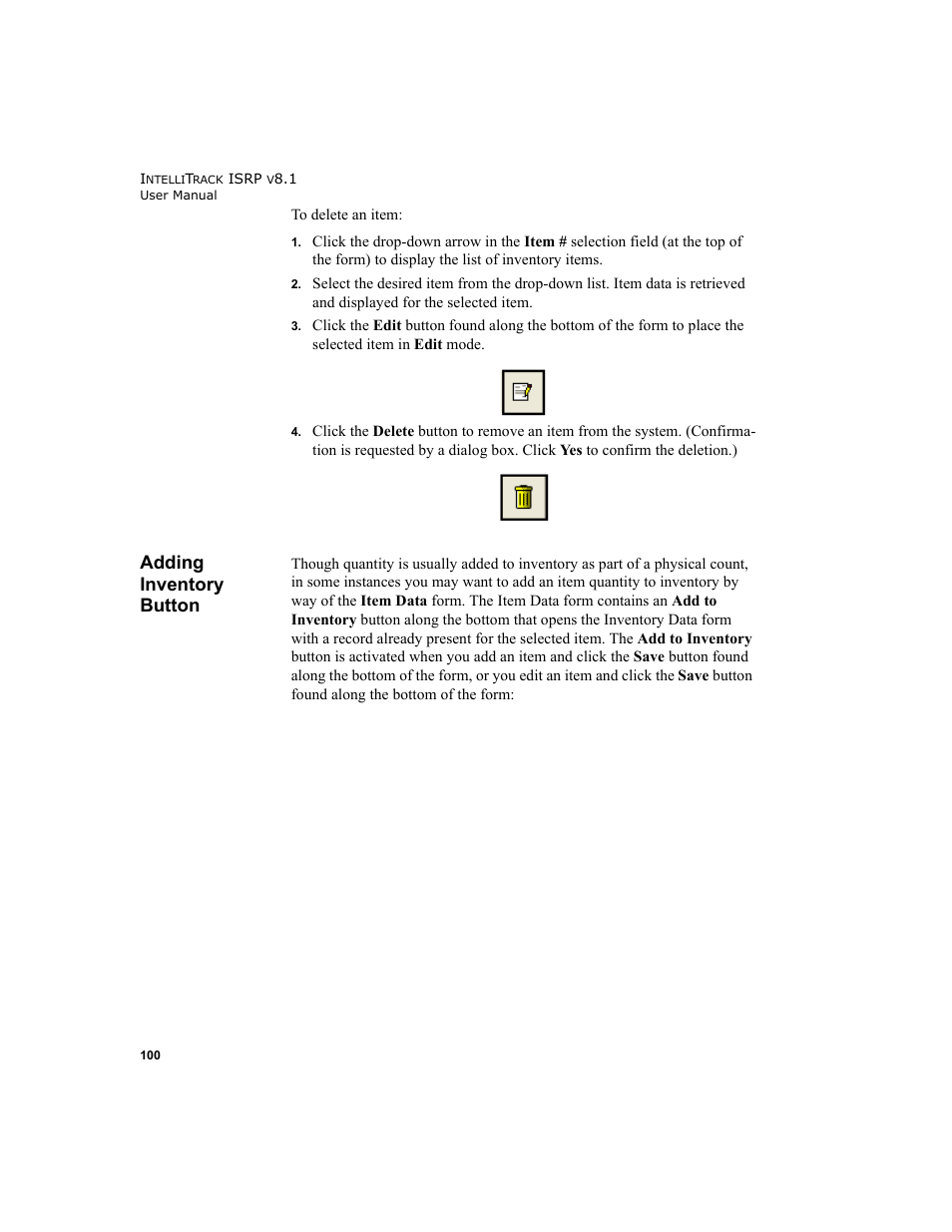 Adding inventory button | IntelliTrack Inventory Shipping Receiving Picking (ISRP) User Manual | Page 128 / 398