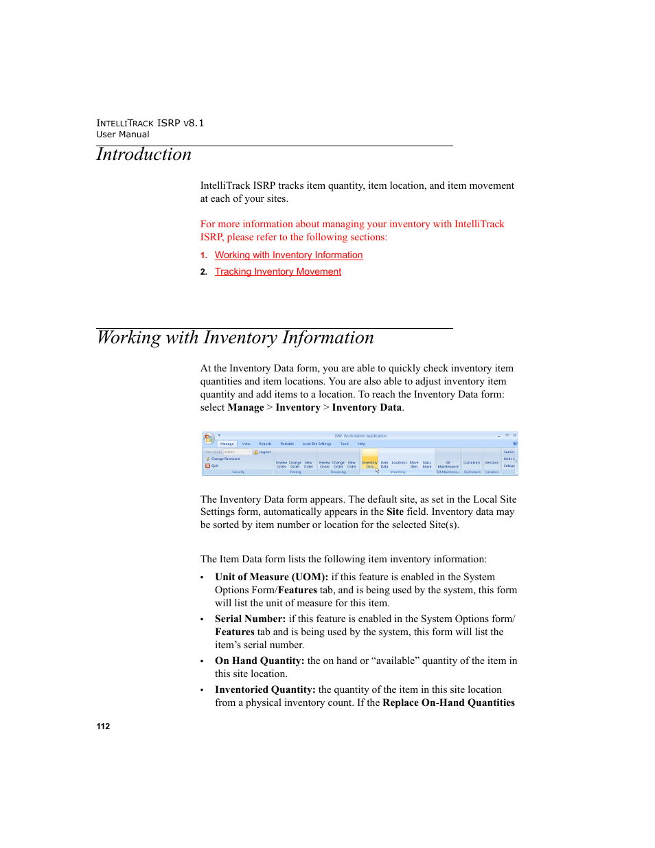 Introduction, Working with inventory information, Introduction working with inventory information | IntelliTrack Inventory Shipping Receiving Picking (ISRP) User Manual | Page 140 / 398