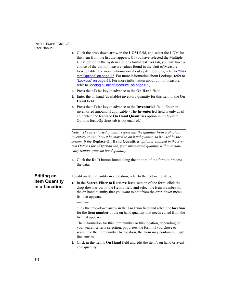 Editing an item quantity in a location, Editing an item | IntelliTrack Inventory Shipping Receiving Picking (ISRP) User Manual | Page 144 / 398