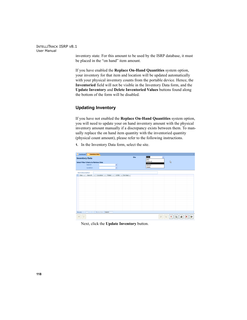 Updating inventory | IntelliTrack Inventory Shipping Receiving Picking (ISRP) User Manual | Page 146 / 398