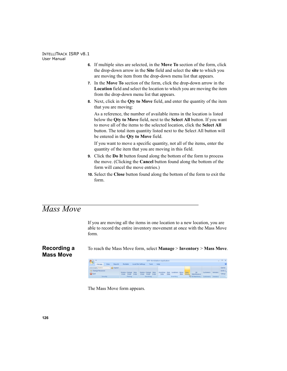 Mass move, Recording a mass move | IntelliTrack Inventory Shipping Receiving Picking (ISRP) User Manual | Page 154 / 398