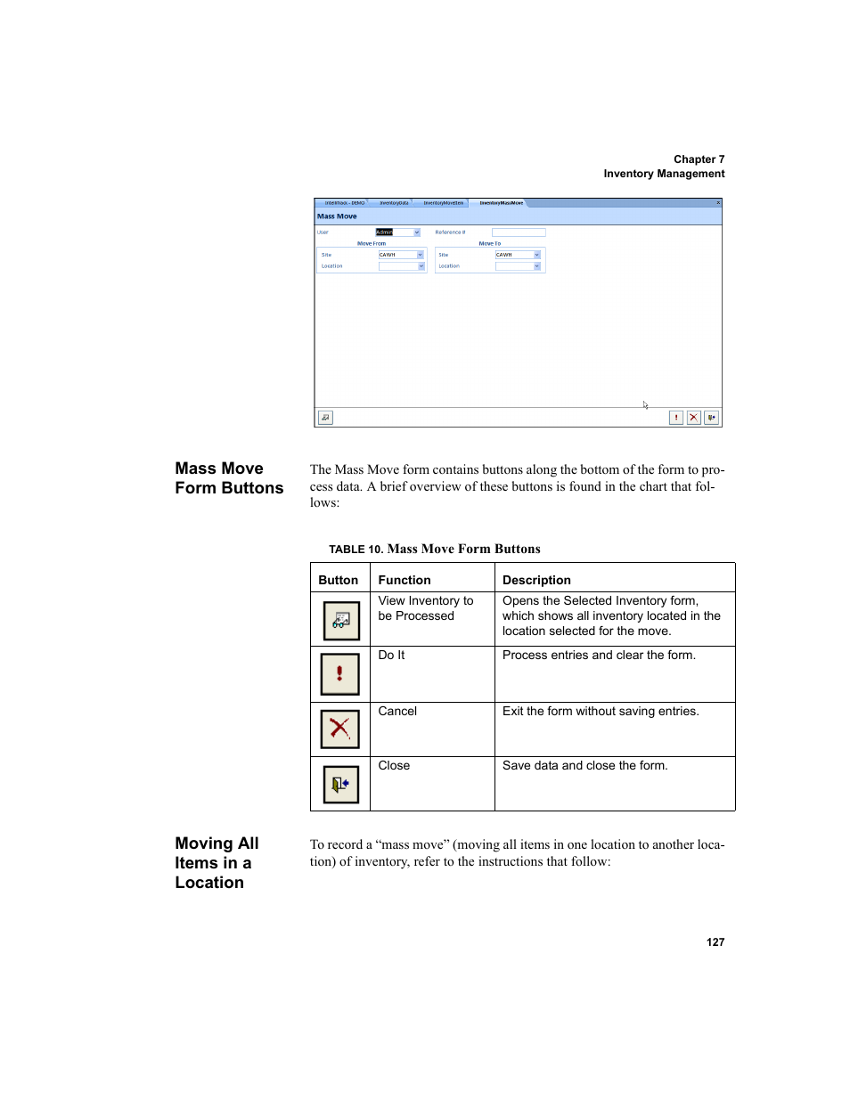 Mass move form buttons, Moving all items in a location | IntelliTrack Inventory Shipping Receiving Picking (ISRP) User Manual | Page 155 / 398
