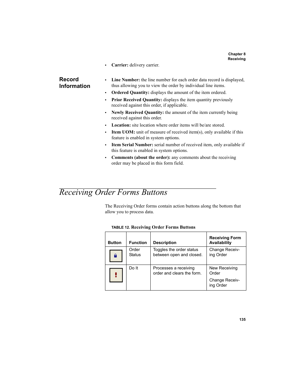 Record information, Receiving order forms buttons | IntelliTrack Inventory Shipping Receiving Picking (ISRP) User Manual | Page 163 / 398
