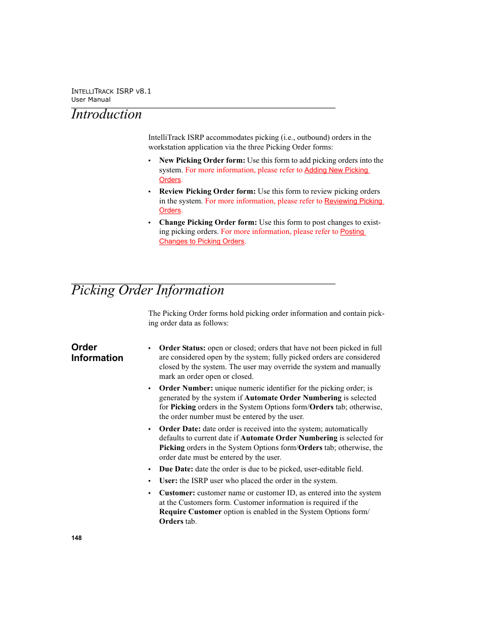 Introduction, Picking order information, Order information | Introduction picking order information | IntelliTrack Inventory Shipping Receiving Picking (ISRP) User Manual | Page 176 / 398