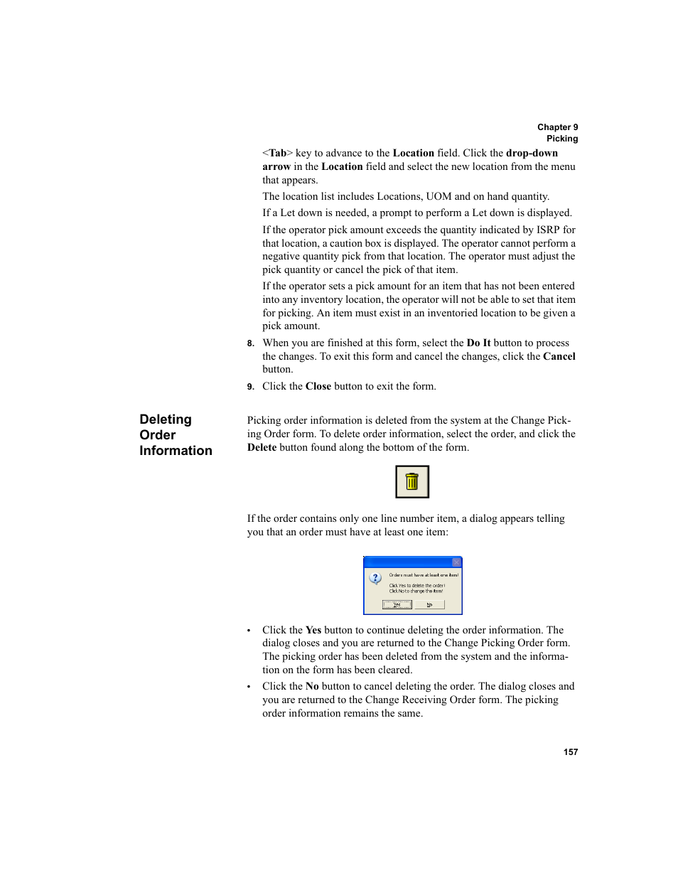 Deleting order information | IntelliTrack Inventory Shipping Receiving Picking (ISRP) User Manual | Page 185 / 398