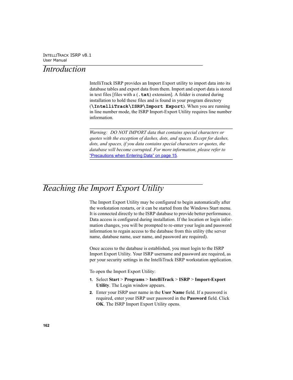 Introduction, Reaching the import export utility, Introduction reaching the import export utility | IntelliTrack Inventory Shipping Receiving Picking (ISRP) User Manual | Page 190 / 398