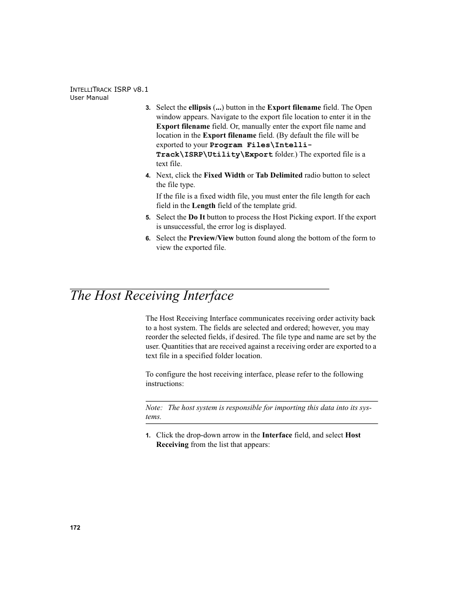The host receiving interface | IntelliTrack Inventory Shipping Receiving Picking (ISRP) User Manual | Page 200 / 398