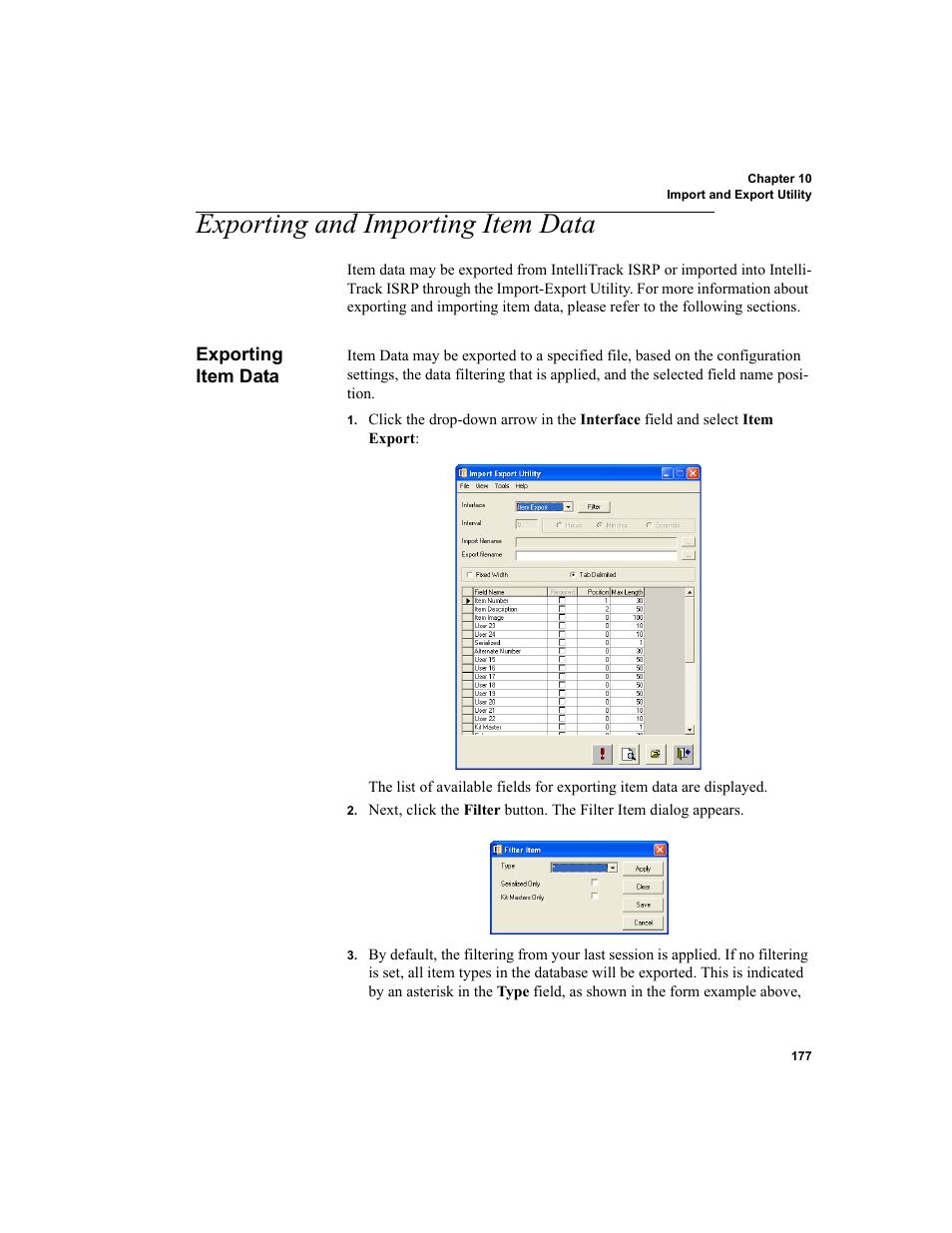 Exporting and importing item data, Exporting item data | IntelliTrack Inventory Shipping Receiving Picking (ISRP) User Manual | Page 205 / 398