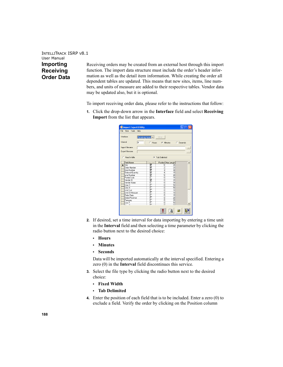 Importing receiving order data | IntelliTrack Inventory Shipping Receiving Picking (ISRP) User Manual | Page 216 / 398
