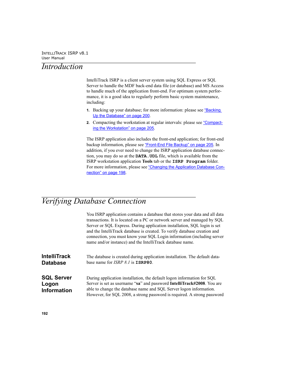 Introduction, Verifying database connection, Intellitrack database | Sql server logon information, Introduction verifying database connection, Intellitrack database sql server logon information | IntelliTrack Inventory Shipping Receiving Picking (ISRP) User Manual | Page 220 / 398