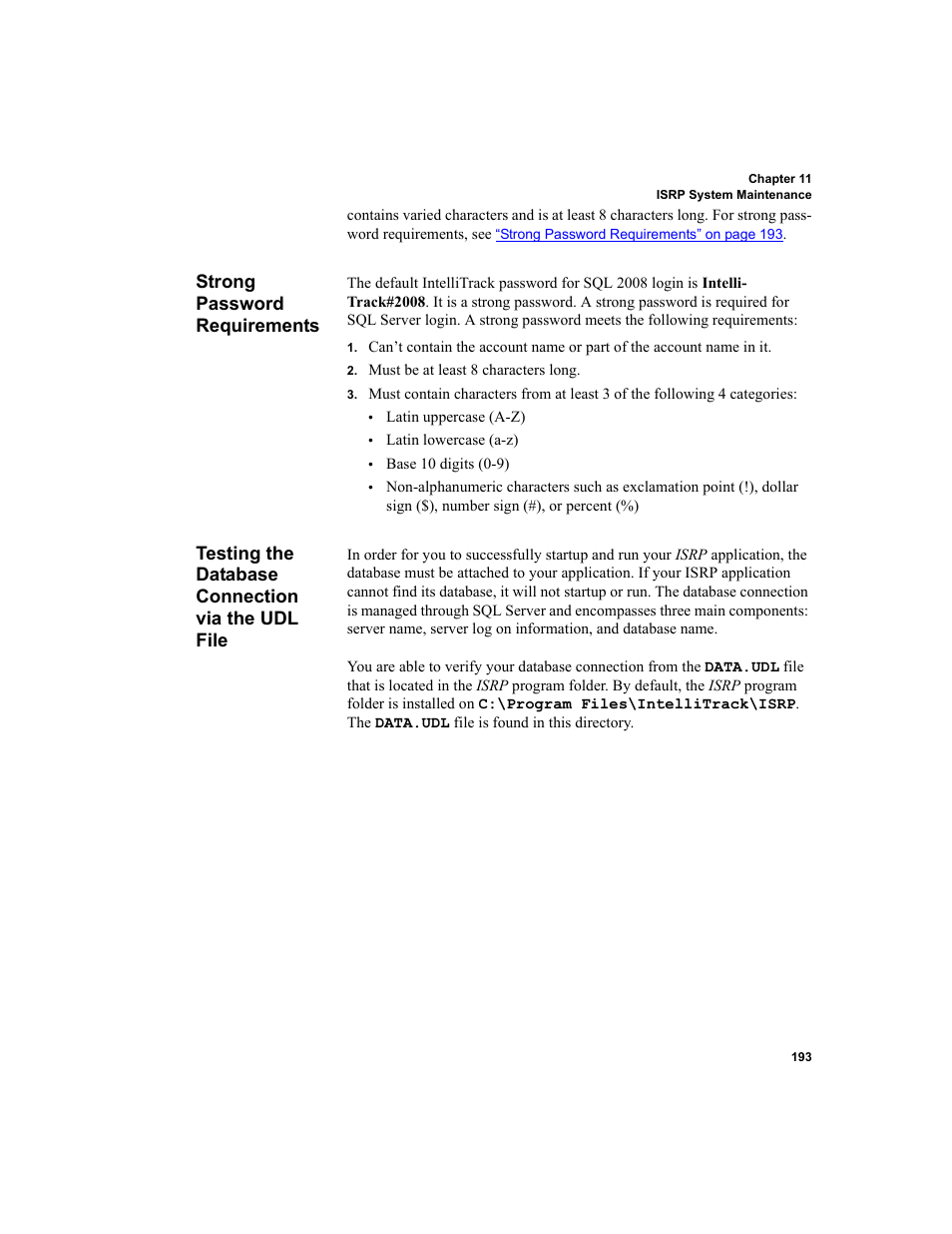 Strong password requirements, Testing the database connection via the udl file | IntelliTrack Inventory Shipping Receiving Picking (ISRP) User Manual | Page 221 / 398
