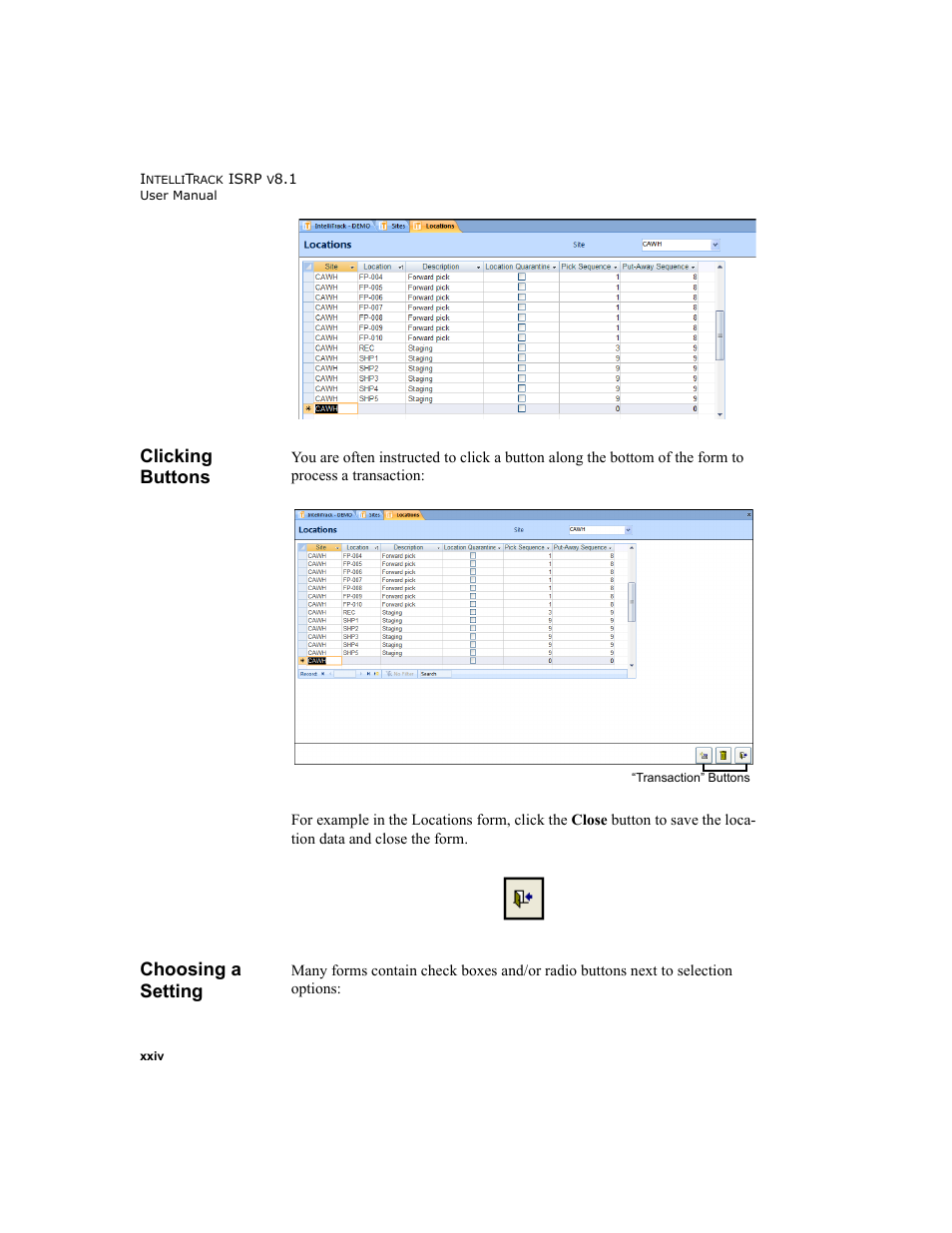 Clicking buttons, Choosing a setting | IntelliTrack Inventory Shipping Receiving Picking (ISRP) User Manual | Page 24 / 398