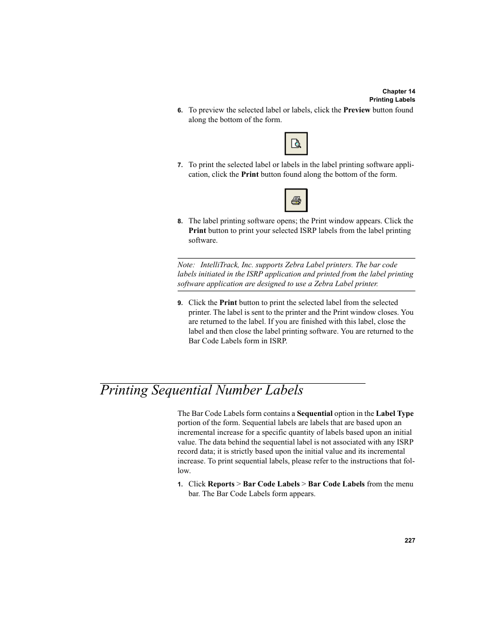 Printing sequential number labels | IntelliTrack Inventory Shipping Receiving Picking (ISRP) User Manual | Page 255 / 398