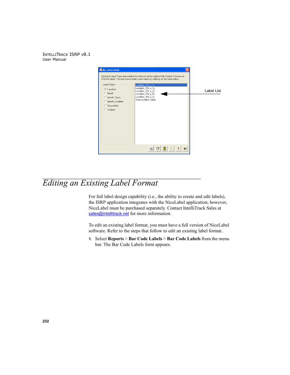 Editing an existing label format | IntelliTrack Inventory Shipping Receiving Picking (ISRP) User Manual | Page 260 / 398