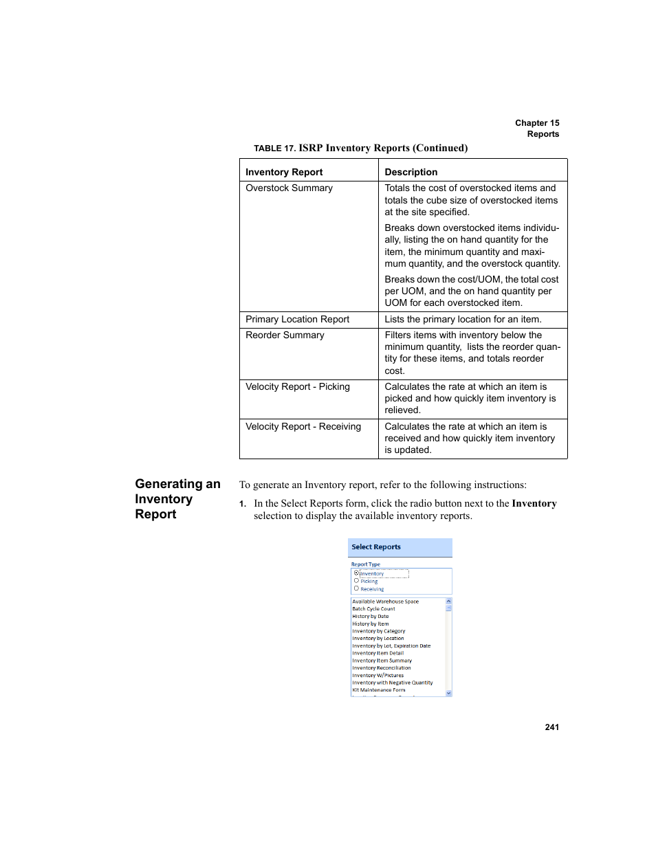 Generating an inventory report | IntelliTrack Inventory Shipping Receiving Picking (ISRP) User Manual | Page 269 / 398