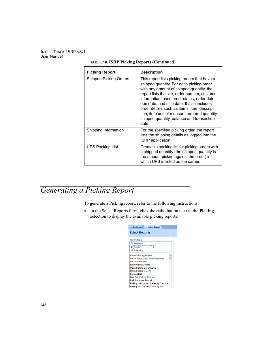Generating a picking report | IntelliTrack Inventory Shipping Receiving Picking (ISRP) User Manual | Page 276 / 398