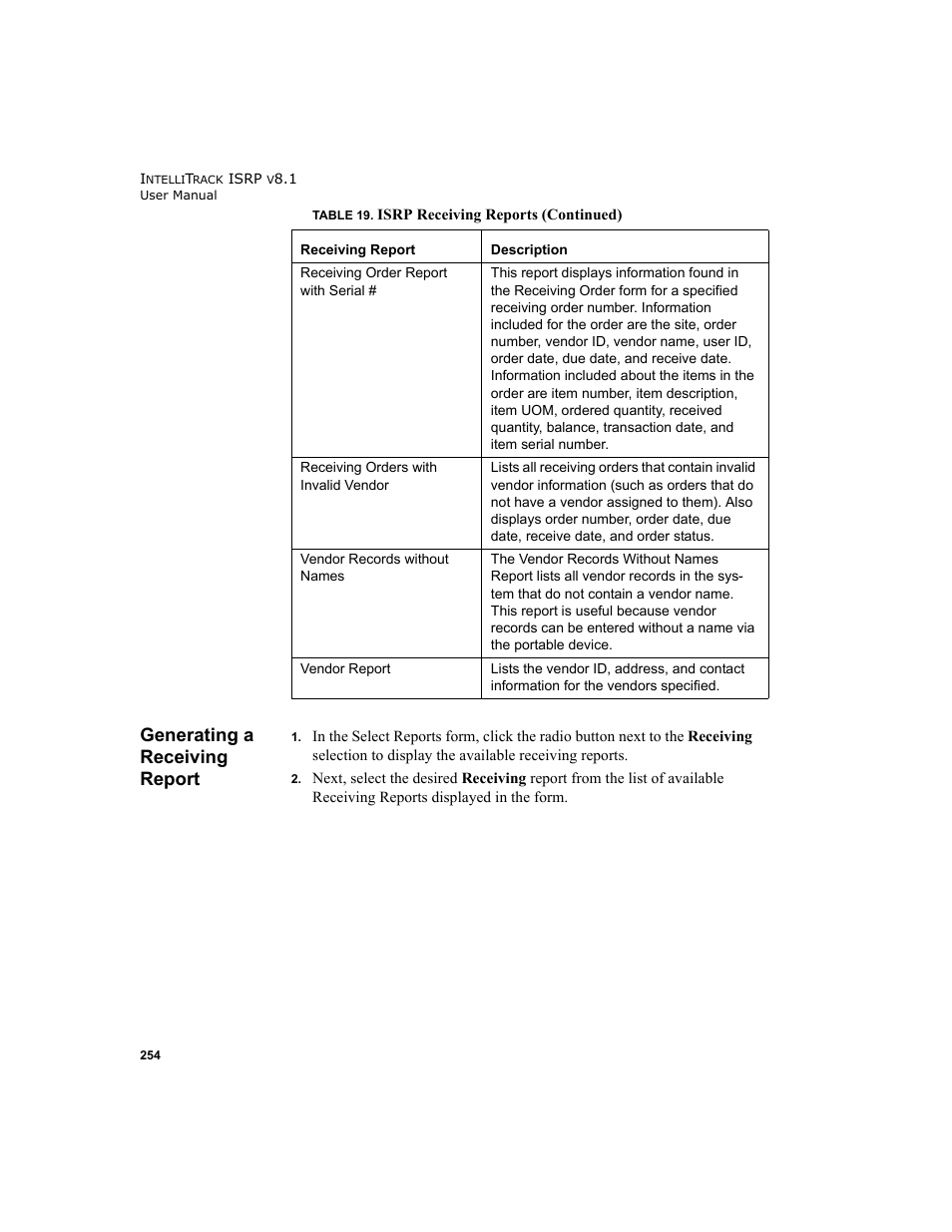 Generating a receiving report | IntelliTrack Inventory Shipping Receiving Picking (ISRP) User Manual | Page 282 / 398