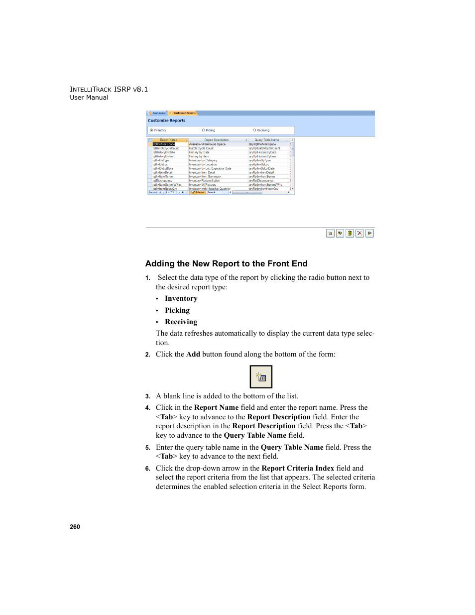 Adding the new report to the front end | IntelliTrack Inventory Shipping Receiving Picking (ISRP) User Manual | Page 288 / 398