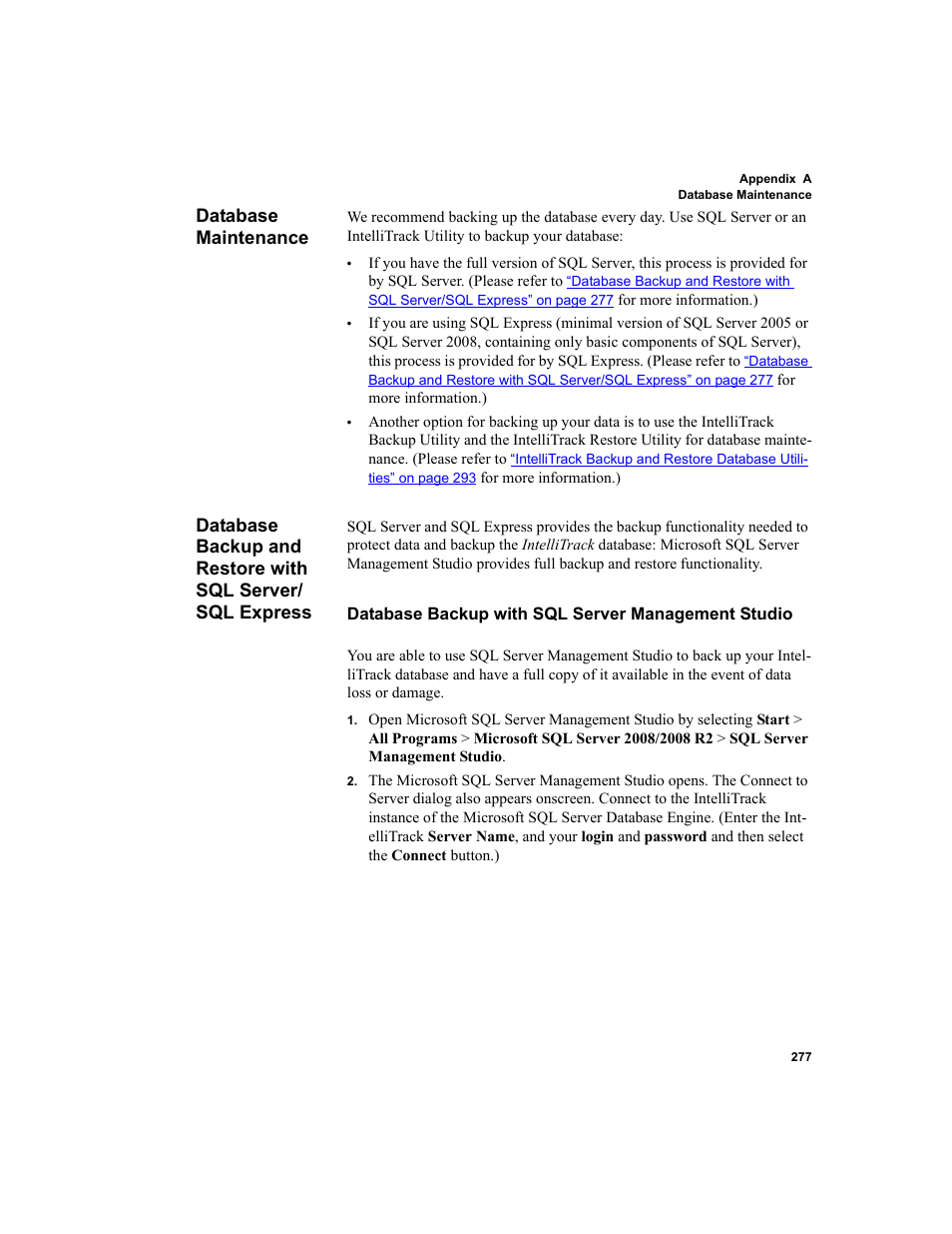 Database maintenance, Database backup with sql server management studio, Data | Database backup and restore with sql server/sql, Express | IntelliTrack Inventory Shipping Receiving Picking (ISRP) User Manual | Page 305 / 398