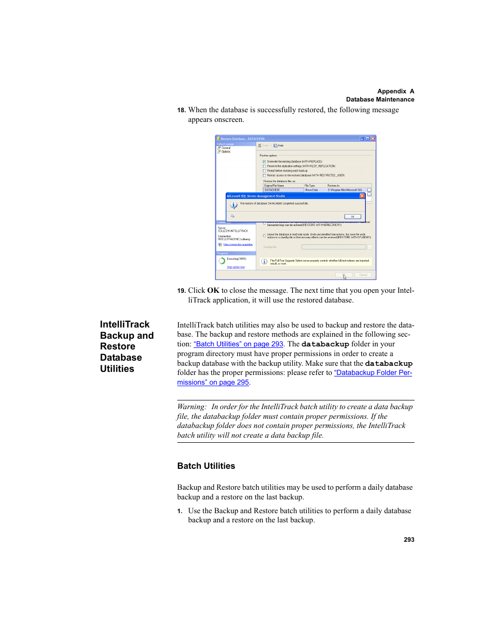 Intellitrack backup and restore database utilities, Batch utilities, Intellitrack backup and restore database utili | IntelliTrack Inventory Shipping Receiving Picking (ISRP) User Manual | Page 321 / 398