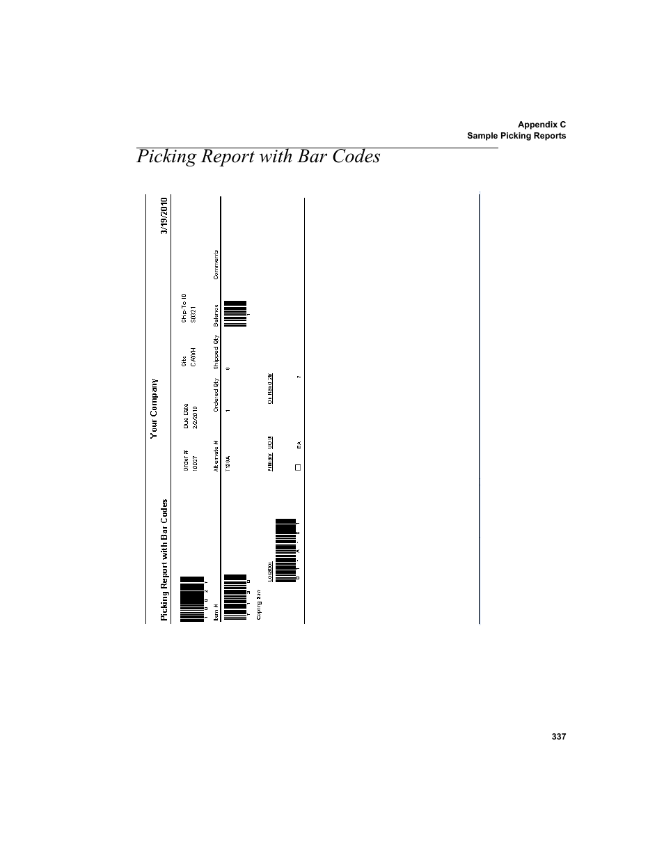 Picking report with bar codes | IntelliTrack Inventory Shipping Receiving Picking (ISRP) User Manual | Page 365 / 398