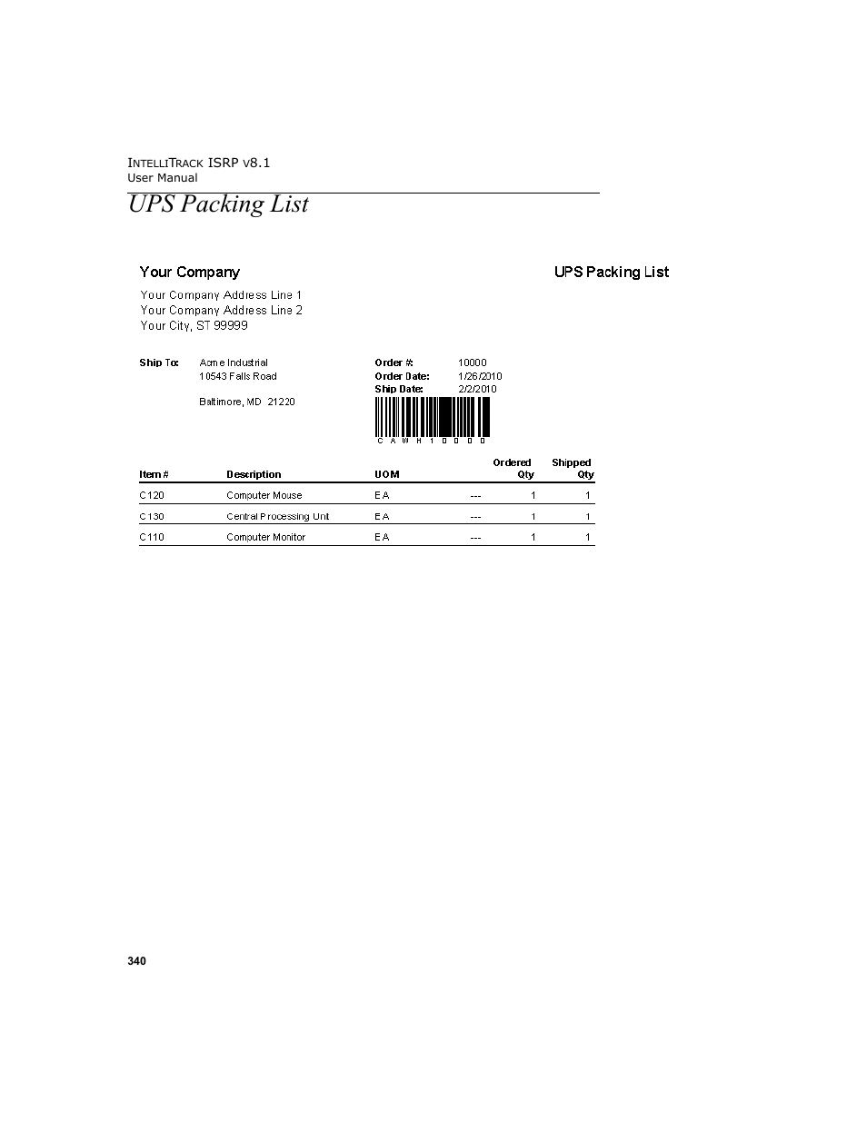 Ups packing list | IntelliTrack Inventory Shipping Receiving Picking (ISRP) User Manual | Page 368 / 398