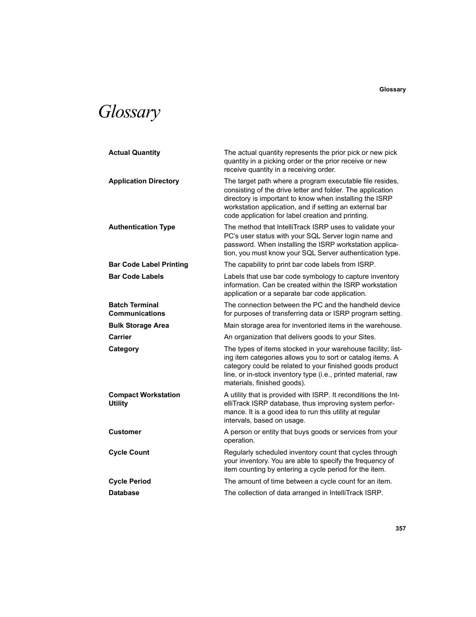 Glossary | IntelliTrack Inventory Shipping Receiving Picking (ISRP) User Manual | Page 385 / 398