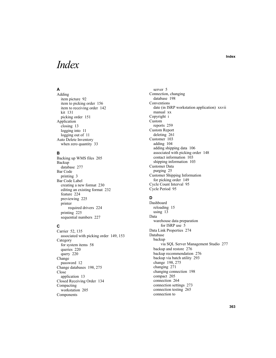 Index | IntelliTrack Inventory Shipping Receiving Picking (ISRP) User Manual | Page 391 / 398