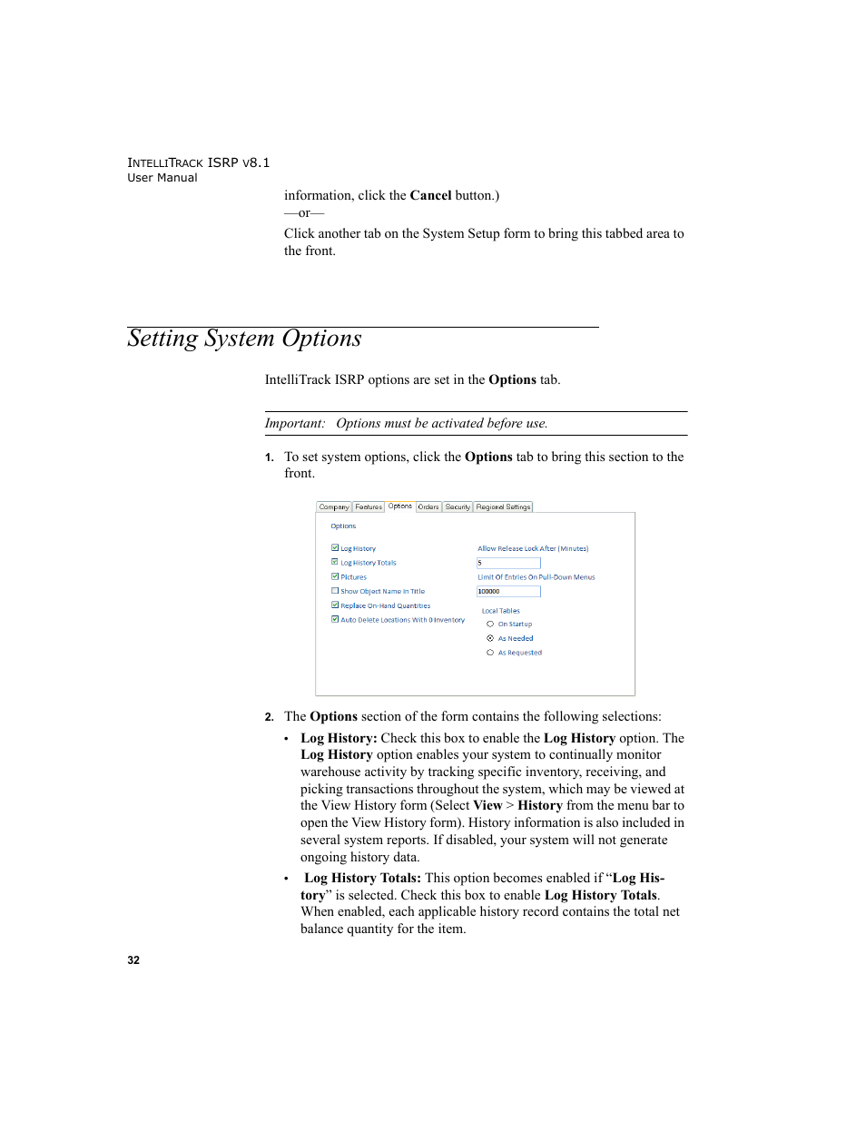 Setting system options | IntelliTrack Inventory Shipping Receiving Picking (ISRP) User Manual | Page 60 / 398