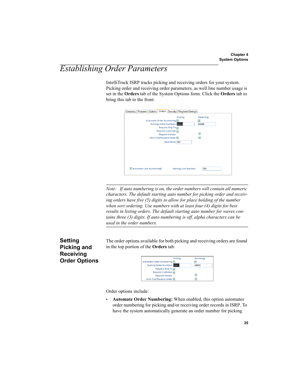 Establishing order parameters, Setting picking and receiving order options | IntelliTrack Inventory Shipping Receiving Picking (ISRP) User Manual | Page 63 / 398