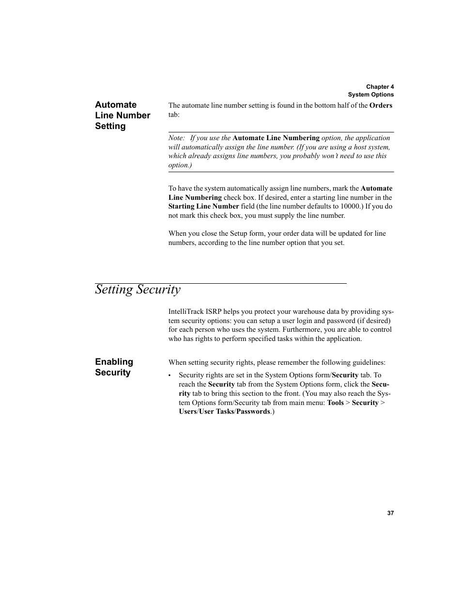 Automate line number setting, Setting security, Enabling security | IntelliTrack Inventory Shipping Receiving Picking (ISRP) User Manual | Page 65 / 398